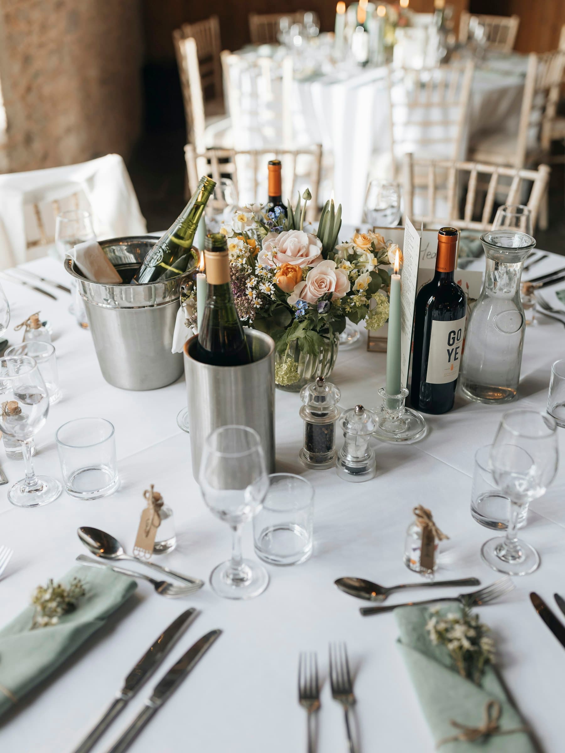 A flower-filled wedding reception table
